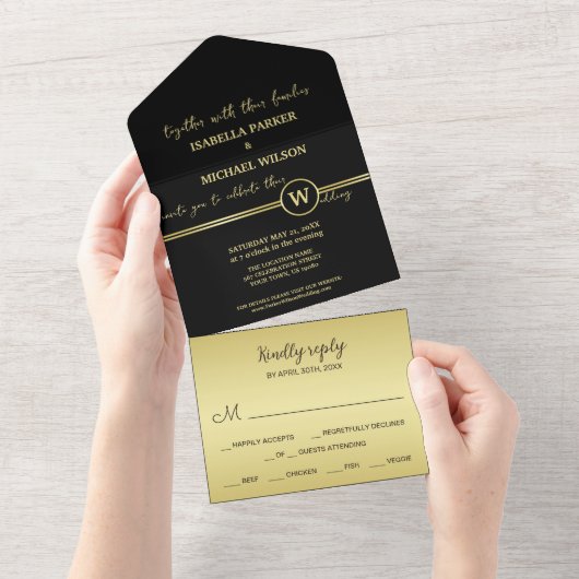 Elegant goud Gepersonaliseerd monogram op zwart All In One Uitnodiging (Afscheurbaar)