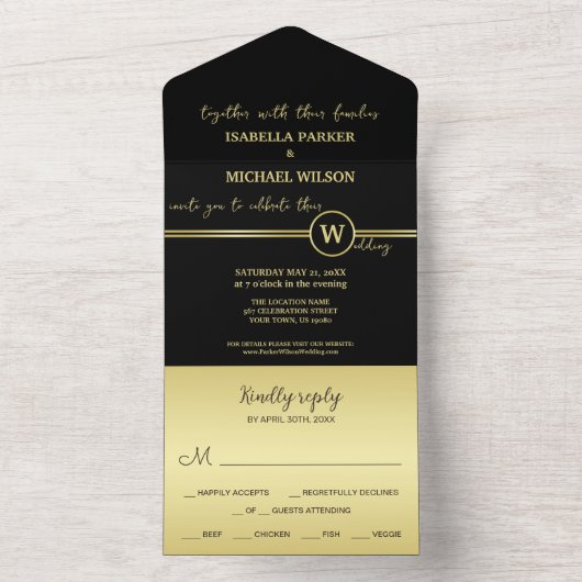 Elegant goud Gepersonaliseerd monogram op zwart All In One Uitnodiging (Binnen)