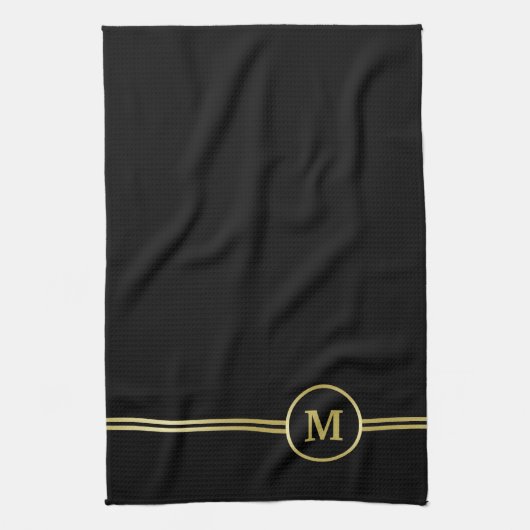 Elegant goud Gepersonaliseerd monogram op zwart Theedoek (Verticaal)