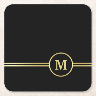 Elegant goud Gepersonaliseerd monogram op zwart Vierkante Kartonnen Onderzetter