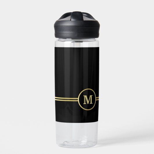 Elegant goud Gepersonaliseerd monogram op zwart Waterfles (Voorkant)