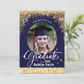 Elegant Goud Glitter Blauw Script Foto Afstuderen Kaart (Staand voorkant)