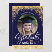 Elegant Goud Glitter Blauw Script Foto Afstuderen Kaart (Voorkant / Achterkant)