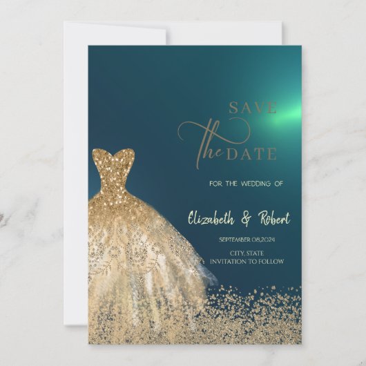 Elegant Goud Glitter Jurk Groen Save The Date (Voorkant)