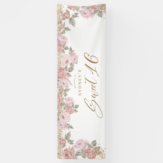 Elegant Goud Glitter Pioen Bloemen Zoet 16 Welkom Spandoek (Verticaal)