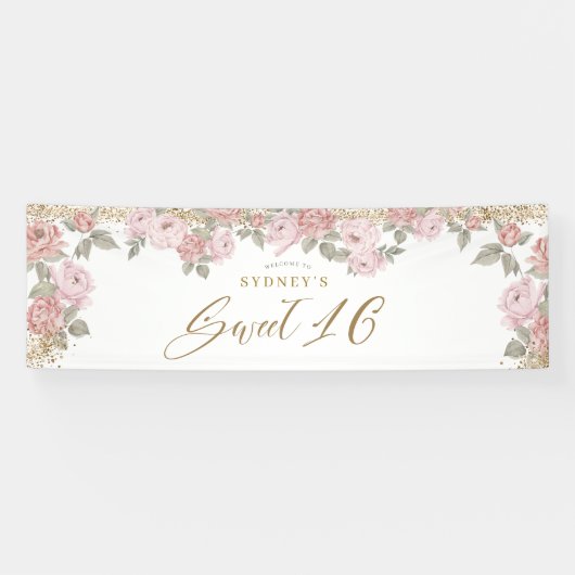 Elegant Goud Glitter Pioen Bloemen Zoet 16 Welkom Spandoek (Horizontaal)