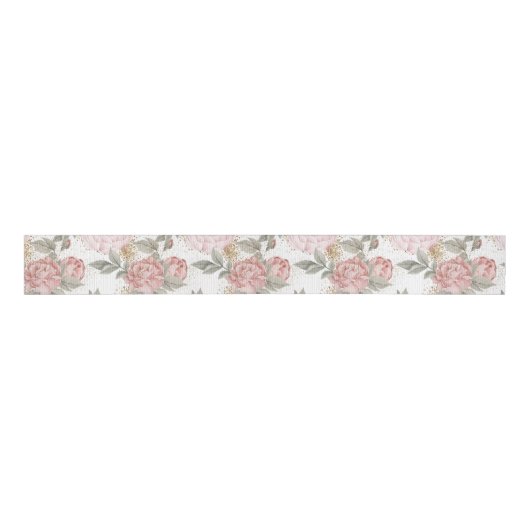 Elegant Goud Glitter Waterverf Roze Pioen Bloemen Grosgrain Lint (Voorkant)