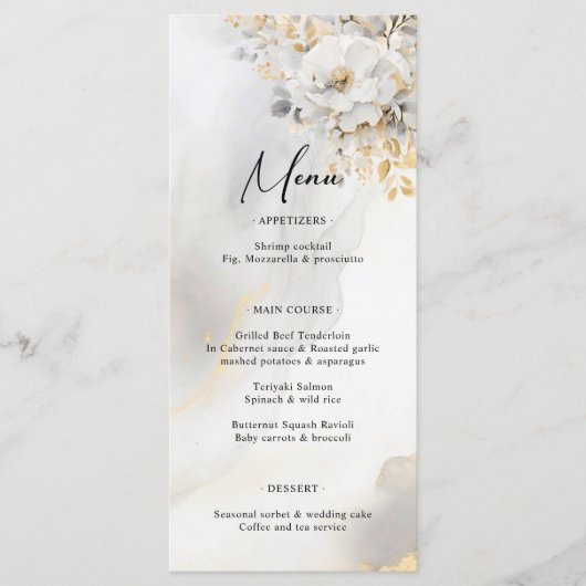 Elegant Goud Grijs Goud Bloemen Bruiloft MENU (Voorkant)
