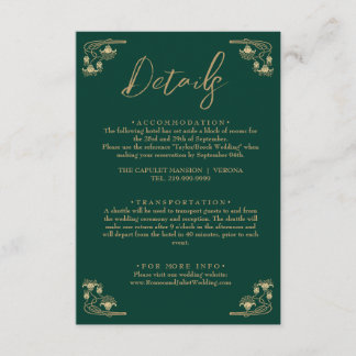 Elegant goud & groen Art Deco trouwdetails Informatiekaartje