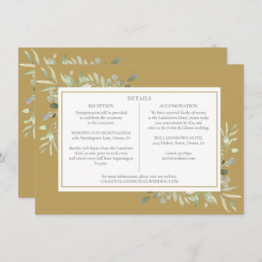 Elegant Goud Groen Bruiloft Details Informatie Informatiekaartje (Voorkant / Achterkant)