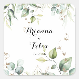 Elegant Goud Groen Bruiloft Envelop Afdichtingen Vierkante Sticker