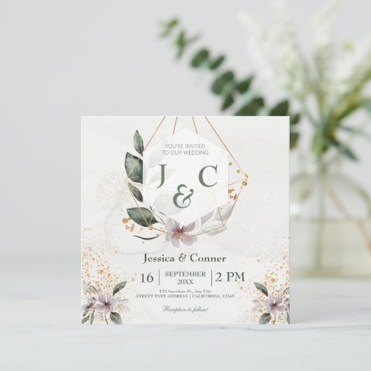 Elegant Goud Groen Bruiloft Kaart (Staand voorkant)