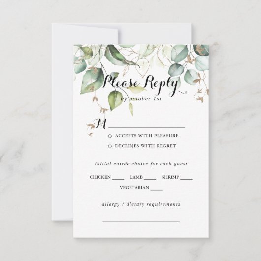 Elegant Goud Groen Bruiloft Menu Keuze RSVP (Voorkant)