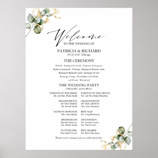 Elegant Goud Groen Bruiloft Programma Teken Poster (Voorkant)