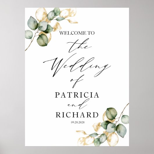 Elegant Goud Groen Bruiloft Welkom Poster (Voorkant)