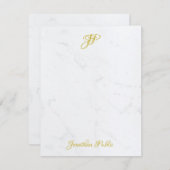 Elegant Goud Hand Script Monogram Wit Marmer Notitiekaartje (Voorkant / Achterkant)