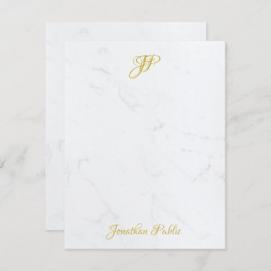 Elegant Goud Hand Script Monogram Wit Marmer Notitiekaartje (Voorkant / Achterkant)