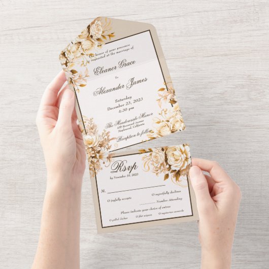 Elegant Goud & Ivoor Bloemen Bruiloft All In One Uitnodiging (Afscheurbaar)