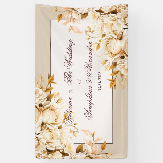 Elegant Goud & Ivoor Bloemen Bruiloft Welkom Spandoek (Verticaal)