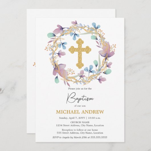 Elegant Goud Kruis Doop Bloemen Kaart (Voorkant / Achterkant)