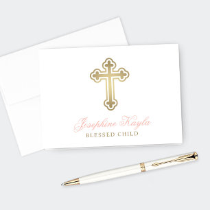 Elegant Goud Kruis Roze Baby Meisje Doop Bedankkaart