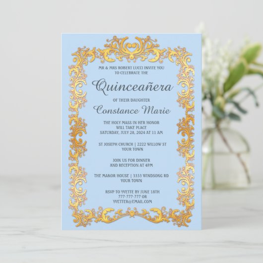 Elegant Goud Lijst Quinceanera Invitation Kaart (Staand voorkant)