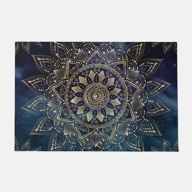 Elegant Goud Mandala Blauw Galaxy Deurmat (Voorkant)