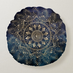 Elegant Goud Mandala Blauw Galaxy Rond Kussen