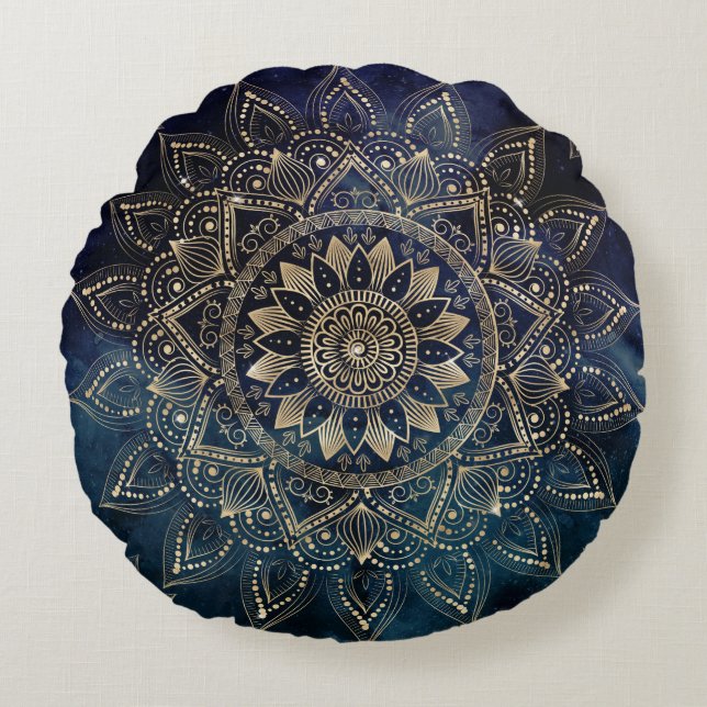 Elegant Goud Mandala Blauw Galaxy Rond Kussen (Voorkant)