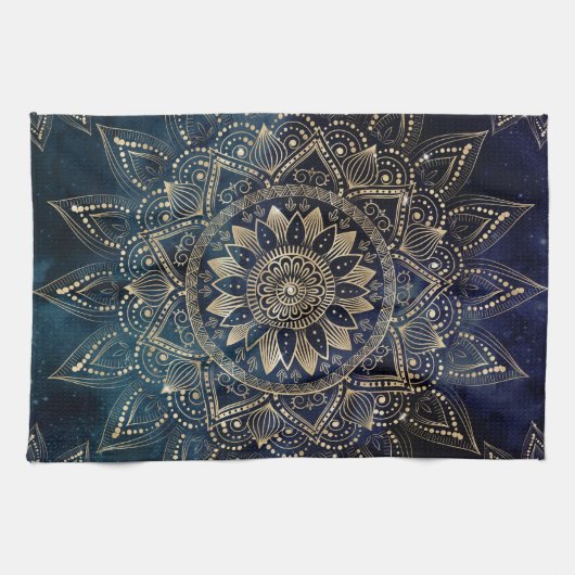 Elegant Goud Mandala Blauw Galaxy Theedoek (Horizontaal)
