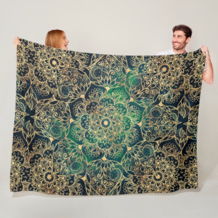 Elegant Goud Mandala Bloemen Groen Blauw Fleece Deken