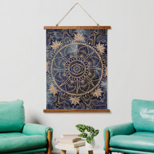 Elegant Goud Mandala Oog Zon Maan Marine Blauw Hangend Wandkleed