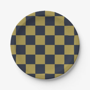 Elegant goud & marine blauw geruit patroon papieren bordje