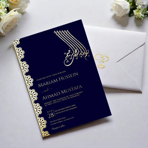 Elegant Goud Marine Blauw Ornamentaal Islamitisch  Folie Uitnodiging