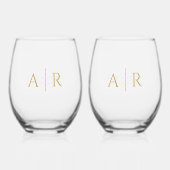 Elegant Goud Minimaal Koppel Initialen Bruiloft gu Wijnglas Zonder Voet (Voorkant)