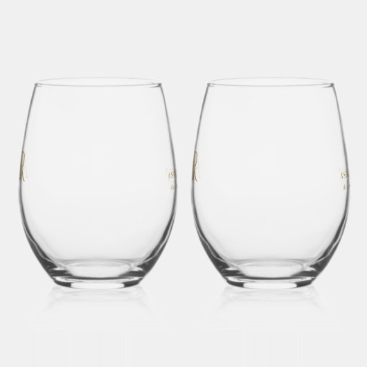 Elegant Goud Minimaal Koppel Initialen Bruiloft gu Wijnglas Zonder Voet (Links)
