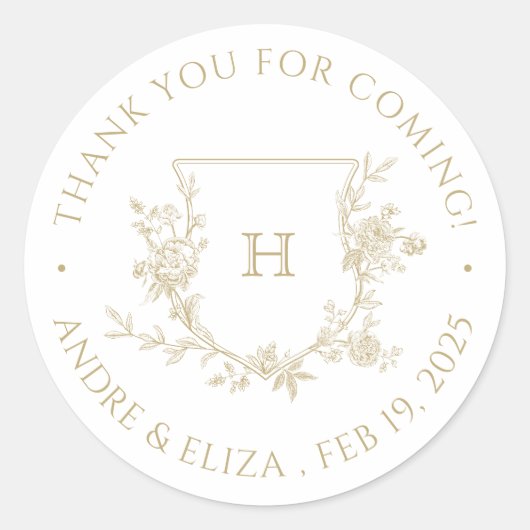Elegant Goud Monogram Crest Bruiloft Dank u Ronde Sticker (Voorkant)