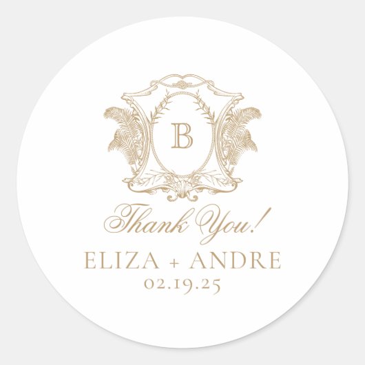Elegant Goud Monogram Crest Bruiloft Ronde Sticker (Voorkant)