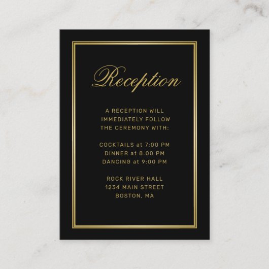 Elegant Goud Monogram Zwart Bruiloft Receptie Informatiekaartje (Voorkant)