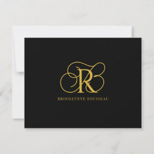 Elegant Goud Monogram Zwart Vlakke Nota Kaart Notitiekaartje