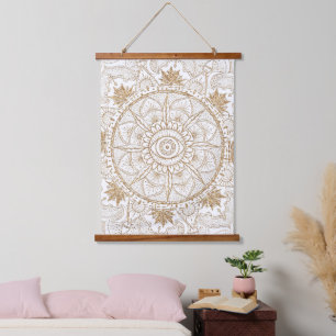 Elegant Goud Oog Zon Maan Mandala Wit Hangend Wandkleed