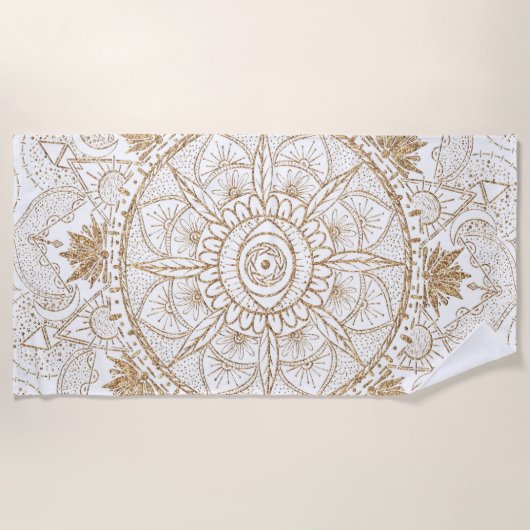 Elegant Goud Oog Zon Maan Mandala Wit Strandlaken (Voorkant)