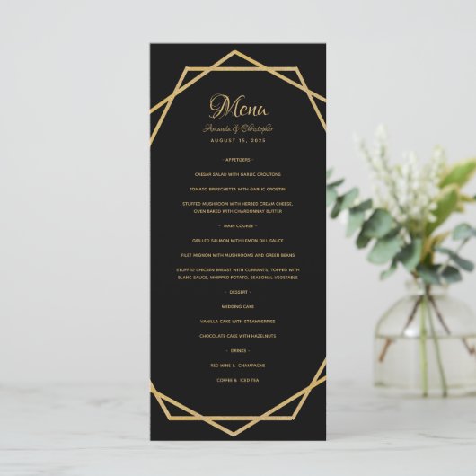 Elegant Goud op Zwart Modern Geometrisch Bruiloft Menu (Staand voorkant)