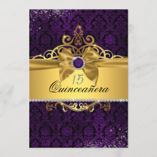 Elegant Goud Paarse Damast Quinceanera Invite Kaart