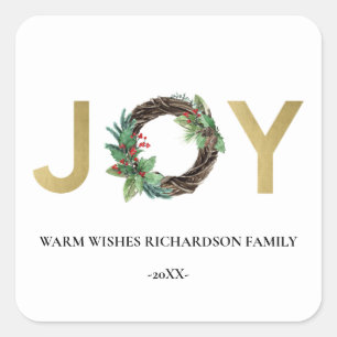 ELEGANT GOUD ROOD HOLLY BERRY JOY KRANS KERSTMIS VIERKANTE STICKER