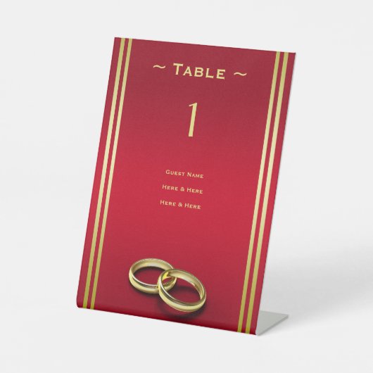 Elegant Goud & Rood, Tafelnummer Trouwringen Reclamebord Met Voetstuk (Voorkant)