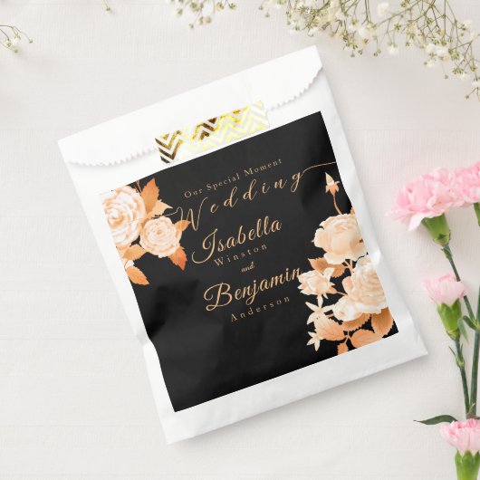 Elegant Goud Roos Zwart Bruiloft Bedankzakje (Gezegeld)