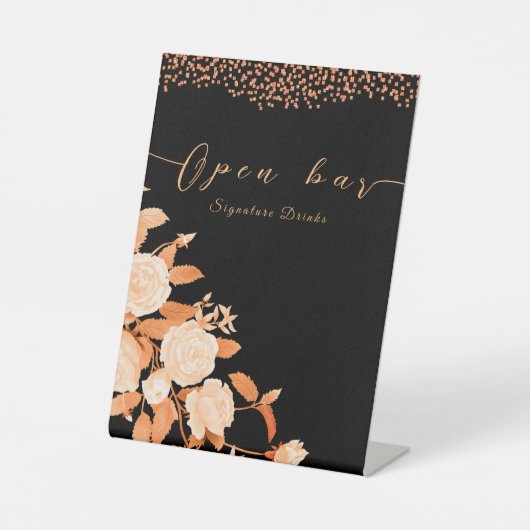 Elegant Goud Roos Zwart Bruiloft Open Bar Reclamebord Met Voetstuk (Voorkant)