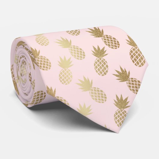 Elegant Goud & Roze Ananas Patroon Stropdas (Opgerold)