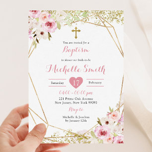 Elegant Goud Roze Bloemen Meisje Baptisme Uitnodig Kaart